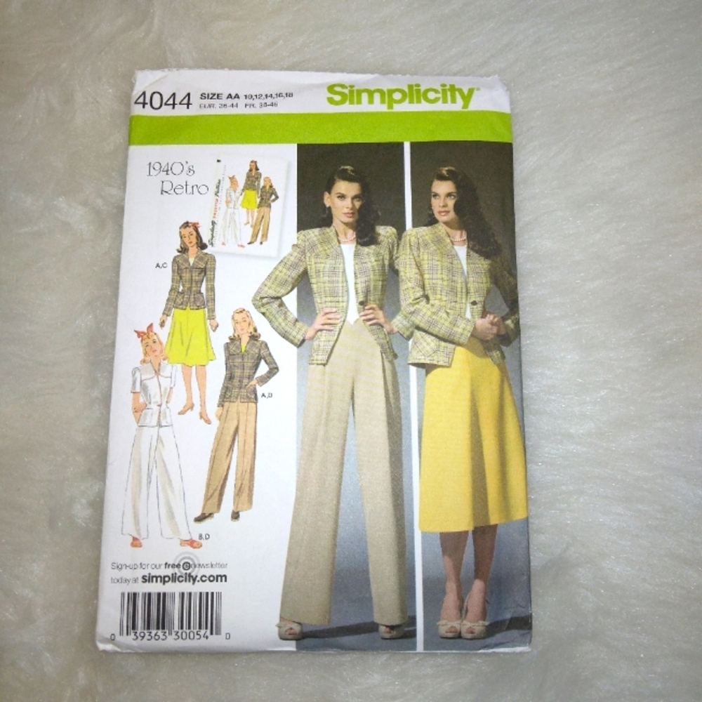 SIMPLICITY 4044 sz 10-18 Retro 1940's Misses skirt pants and lined jacket